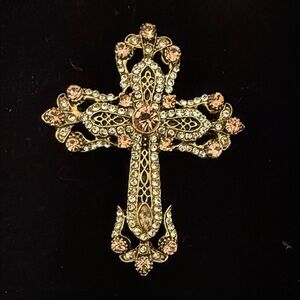 baroque-style cross brooch, gold-tone